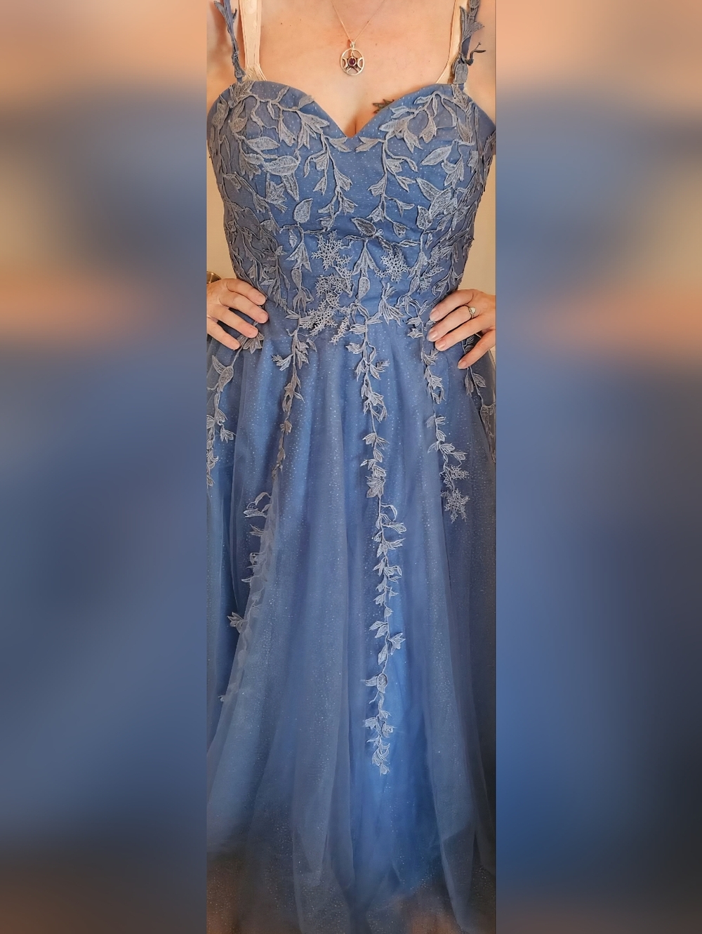Dusty Blue Lace Appliqué Prom Dress with V-Neck